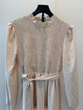 Smocked Waist Cream Midi Dress with Tie Belt #393